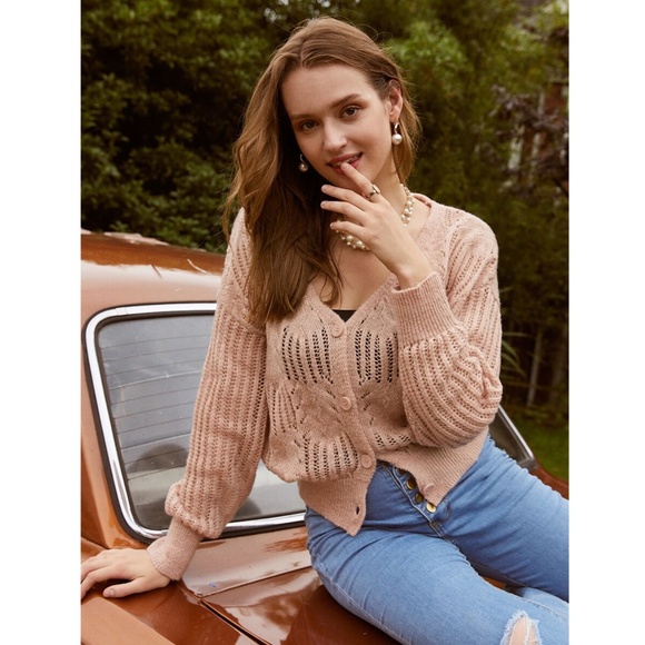 🎥 Hollow Out Pink Buttoned V-Neck Cardigan - Picture 10 of 17